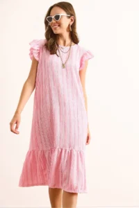 Olalook Women's Pink Sleeve Skirt Ruffle Textured Midi Dress - Image 4