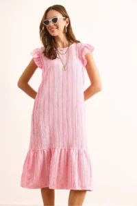 Olalook Women's Pink Sleeve Skirt Ruffle Textured Midi Dress - Image 5