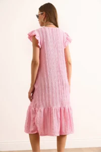 Olalook Women's Pink Sleeve Skirt Ruffle Textured Midi Dress - Image 6