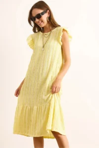 Olalook Women's Yellow Sleeve Skirt Frilly Textured Midi Dress