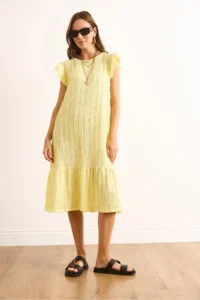 Olalook Women's Yellow Sleeve Skirt Frilly Textured Midi Dress - Image 2