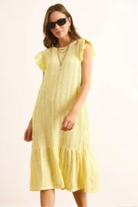 Olalook Women's Yellow Sleeve Skirt Frilly Textured Midi Dress - Image 3