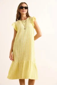 Olalook Women's Yellow Sleeve Skirt Frilly Textured Midi Dress - Image 4