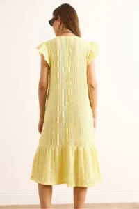 Olalook Women's Yellow Sleeve Skirt Frilly Textured Midi Dress - Image 5