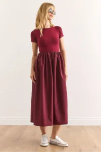 Olalook Women's Burgundy Garnished Short Sleeve Midi Dress