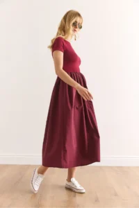 Olalook Women's Burgundy Garnished Short Sleeve Midi Dress - Image 2