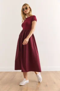 Olalook Women's Burgundy Garnished Short Sleeve Midi Dress - Image 3