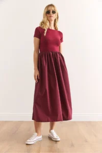 Olalook Women's Burgundy Garnished Short Sleeve Midi Dress - Image 4