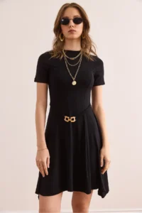 Olalook Women's Black Self-Belt Detailed Soft Textured A-Line Dress - Image 2
