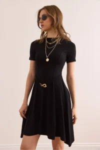 Olalook Women's Black Self-Belt Detailed Soft Textured A-Line Dress - Image 3