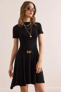 Olalook Women's Black Self-Belt Detailed Soft Textured A-Line Dress - Image 4