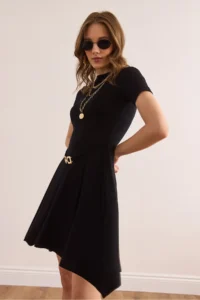 Olalook Women's Black Self-Belt Detailed Soft Textured A-Line Dress - Image 5