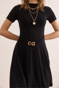 Olalook Women's Black Self-Belt Detailed Soft Textured A-Line Dress - Image 6