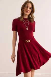 Olalook Women's Burgundy Belt Detailed Soft Textured A-Line Dress