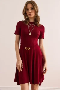 Olalook Women's Burgundy Belt Detailed Soft Textured A-Line Dress - Image 2