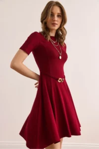 Olalook Women's Burgundy Belt Detailed Soft Textured A-Line Dress - Image 3