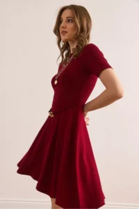 Olalook Women's Burgundy Belt Detailed Soft Textured A-Line Dress - Image 4