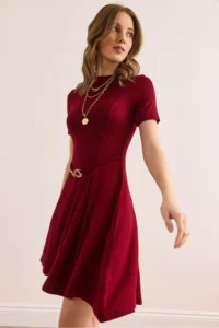 Olalook Women's Burgundy Belt Detailed Soft Textured A-Line Dress - Image 5