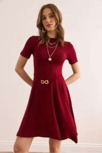 Olalook Women's Burgundy Belt Detailed Soft Textured A-Line Dress - Image 6
