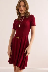 Olalook Women's Burgundy Belt Detailed Soft Textured A-Line Dress - Image 7