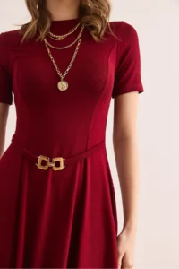 Olalook Women's Burgundy Belt Detailed Soft Textured A-Line Dress - Image 8