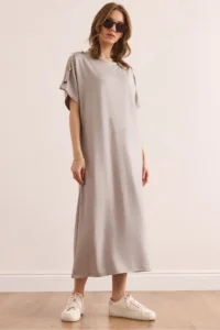 Olalook Women's Gray Shoulder Button Detailed Crystal Flowy Dress