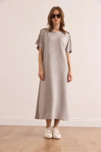 Olalook Women's Gray Shoulder Button Detailed Crystal Flowy Dress - Image 3