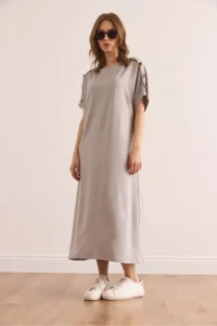 Olalook Women's Gray Shoulder Button Detailed Crystal Flowy Dress - Image 4
