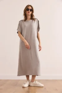 Olalook Women's Gray Shoulder Button Detailed Crystal Flowy Dress - Image 5