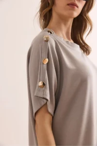 Olalook Women's Gray Shoulder Button Detailed Crystal Flowy Dress - Image 6