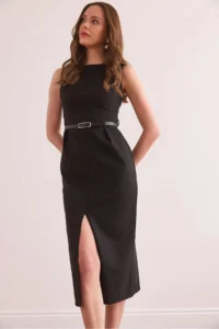 Olalook Women's Black Front Slit Belted Polyviscon Dress