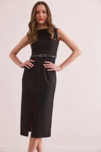 Olalook Women's Black Front Slit Belted Polyviscon Dress - Image 2