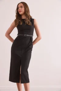 Olalook Women's Black Front Slit Belted Polyviscon Dress - Image 3