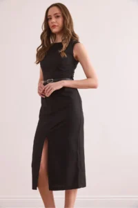 Olalook Women's Black Front Slit Belted Polyviscon Dress - Image 4