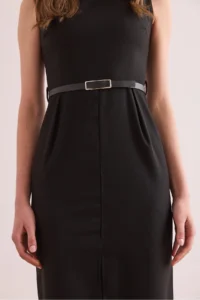 Olalook Women's Black Front Slit Belted Polyviscon Dress - Image 6