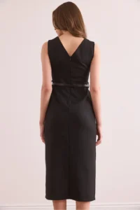 Olalook Women's Black Front Slit Belted Polyviscon Dress - Image 7