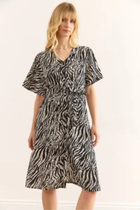 Olalook Women's Zebra Black V-Neck Belted Woven Mini Shirt Dress - Image 3