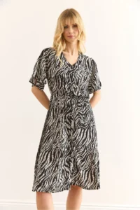 Olalook Women's Zebra Black V-Neck Belted Woven Mini Shirt Dress - Image 4