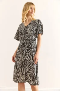 Olalook Women's Zebra Black V-Neck Belted Woven Mini Shirt Dress - Image 5