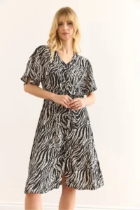 Olalook Women's Zebra Black V-Neck Belted Woven Mini Shirt Dress - Image 6
