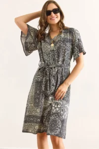 Olalook Women's Patch Gray V-Neck Belted Woven Mini Shirt Dress
