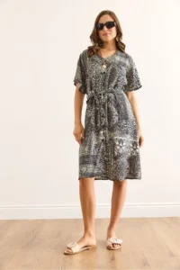 Olalook Women's Patch Gray V-Neck Belted Woven Mini Shirt Dress - Image 2