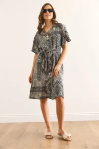 Olalook Women's Patch Gray V-Neck Belted Woven Mini Shirt Dress - Image 3
