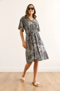 Olalook Women's Patch Gray V-Neck Belted Woven Mini Shirt Dress - Image 4