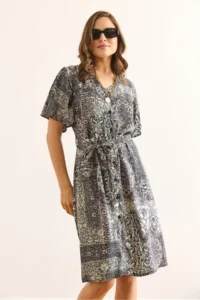 Olalook Women's Patch Gray V-Neck Belted Woven Mini Shirt Dress - Image 5