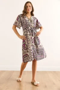 Olalook Women's Ethnic Purple V-Neck Belted Woven Mini Shirt Dress - Image 2