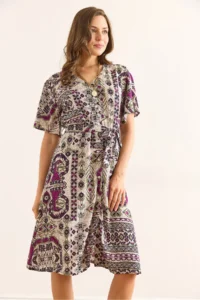 Olalook Women's Ethnic Purple V-Neck Belted Woven Mini Shirt Dress - Image 3