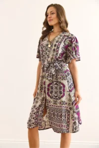 Olalook Women's Ethnic Purple V-Neck Belted Woven Mini Shirt Dress - Image 4