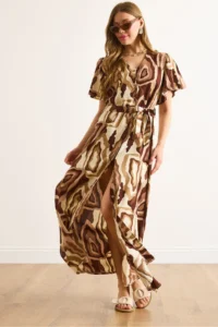 Olalook Women's Beige Brown Buttoned Belted Maxi Viscose Shirt Dress
