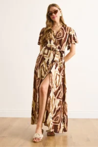 Olalook Women's Beige Brown Buttoned Belted Maxi Viscose Shirt Dress - Image 2